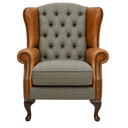 Handmade Berkley Chesterfield Wingback Armchair in Harris Tweed & Vintage Leather in Bracken Brown and Brown, handmade by Vintage Sofa Makers