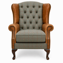 Handmade Berkley Chesterfield Wingback Armchair in Harris Tweed & Vintage Leather