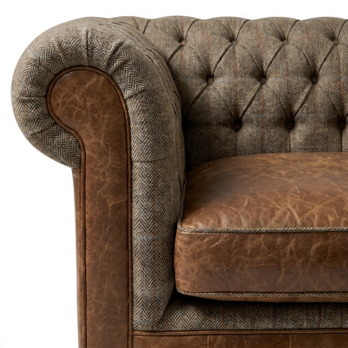 Handmade Harris Tweed & Vintage Leather Chesterfield Sofa in Bracken Brown, handmade by Vintage Sofa Makers