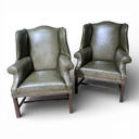 Coach House Vintage Green Leather Wingback Armchairs (Pair)