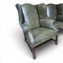 Coach House Vintage Green Leather Wingback Armchairs (Pair)