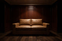 Brown leather sofa in a dimly lit room with wooden paneling.